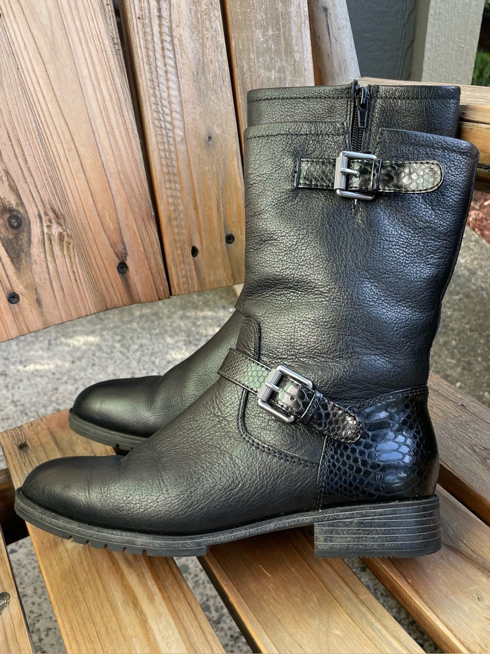 Naturalizer Genna Black Leather Mid Calf Moto Boots Size 8
